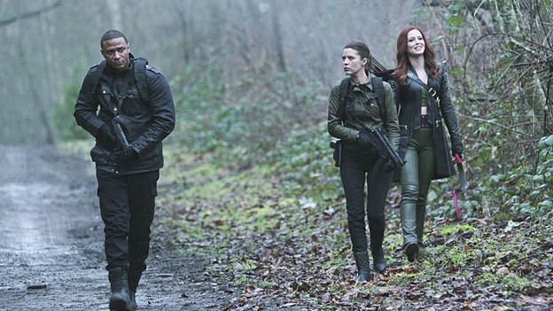 Arrow--"Suicidal Tendencies"--Image AR317A_0004b--Pictured (L-R): David Ramsey as John Diggle, Audrey Marie Anderson as Lyla Michaels, and Amy Gumenick as Cupid --Photo: Katie Yu/The CW--é 2015 The CW Network, LLC. All rights reserved.