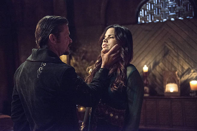 Arrow -- "This is Your Sword" -- Image AR322A_0008b -- Pictured (L-R): Matt Nable as Ra's al Ghul and Katrina Law as Nyssa al Ghul -- Photo: Cate Cameron/The CW -- é 2015 The CW Network, LLC. All Rights Reserved.