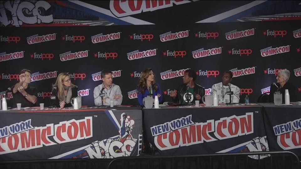 L-R: Kevin Conroy, Susan Eisenberg George Newberg, Maria Canals-Barrera, Phil LaMarr, Carl Lumbly, Andrea Romano