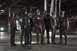 Arrow -- "Legends of Yesterday" -- Image AR408B_379b.jpg -- Pictured (L-R): Willa Holland as Speedy, Stephen Amell as The Arrow, Katie Cassidy as Black Canary, Grant Gustin as The Flash, David Ramsey as John Diggle, Ciara Renee as Hawkgirl and Falk Hentschel as Hawkman -- Photo: Katie Yu/ The CW -- é 2015 The CW Network, LLC. All Rights Reserved.
