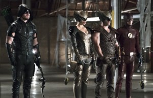 Arrow -- "Legends of Yesterday" -- Image AR408B_0242b2.jpg -- Pictured (L-R): Stephen Amell as The Arrow, Ciara Renee as Hawkgirl, Falk Hentschel as Hawkman and Grant Gustin as The Flash -- Photo: Katie Yu/ The CW -- é 2015 The CW Network, LLC. All Rights Reserved
