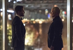 Arrow -- "Brotherhood" -- Image AR407B_275b.jpg -- Pictured (L-R): Stephen Amell as Oliver Queen and Neal McDonough as Damien Darhk -- Photo: Cate Cameron/The CW -- é 2015 The CW Network, LLC. All Rights Reserved.