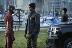 The Flash -- "King Shark" -- Image FLA215b_0030 -- Pictured (L-R): Grant Gustin as Barry Allen / The Flash, David Ramsey as John Diggle, and Audrey Marie Anderson as Lyla -- Photo: Bettina Strauss/The CW -- é 2016 The CW Network, LLC. All rights reserved