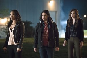 The Flash -- "The Race of His Life" -- Image: FLA223b_0069b.jpg -- Pictured (L-R): Candice Patton as Iris West, Carlos Valdes as Cisco Ramon and Danielle Panabaker as Caitlin Snow -- Photo: Katie Yu/The CW -- é 2016 The CW Network, LLC. All rights reserved.