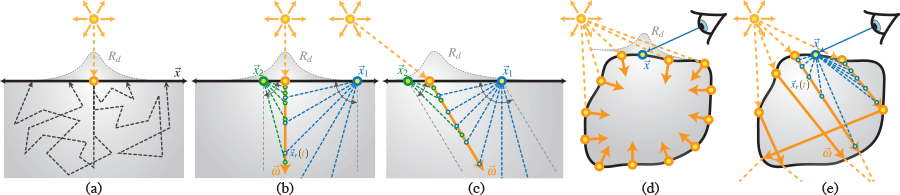 We solve the searchlight problem (a) using a Monte Carlo integration of dipoles distributed along either a normally incident (b) or oblique (c) beam. We can apply our hybrid approach to standard subsurface scattering (d) and also to more complex configurations using photon beams (e).