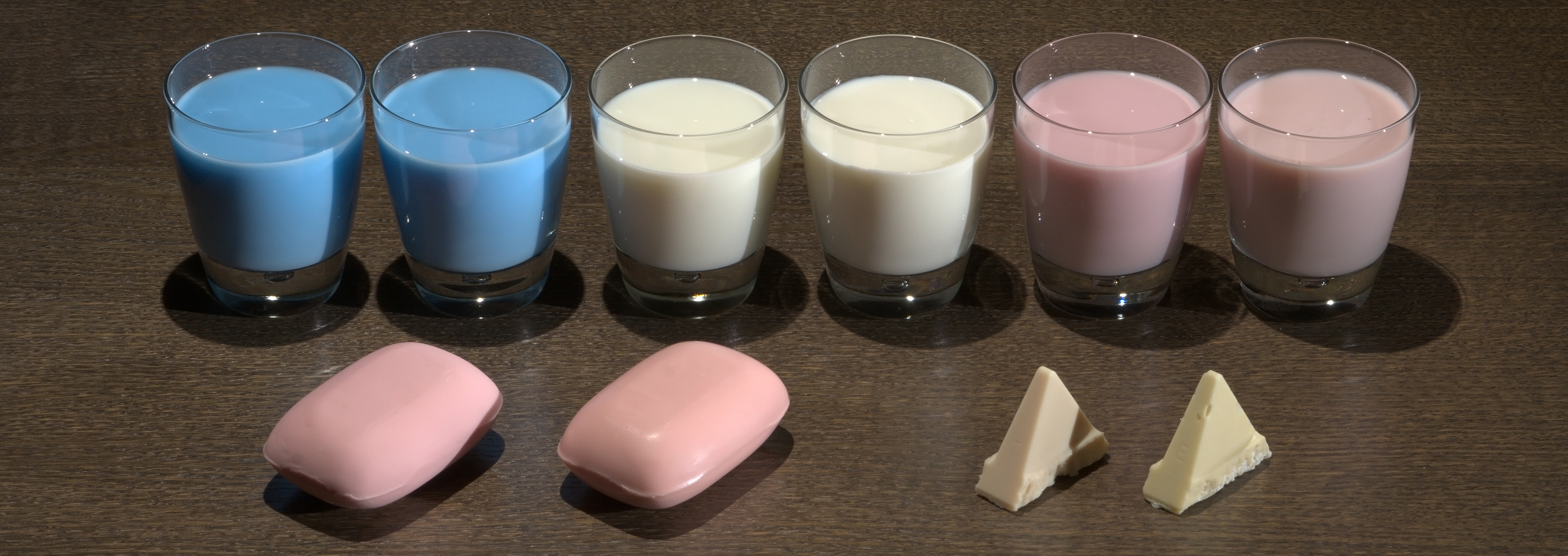 A side by side comparison of real translucent materials (right) next to their silicone replicas (left) fabricated using our method.