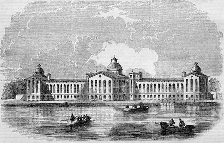 An etching depicting a large building on a waterside, two stories with large arched windows on the second story; boats on the river.