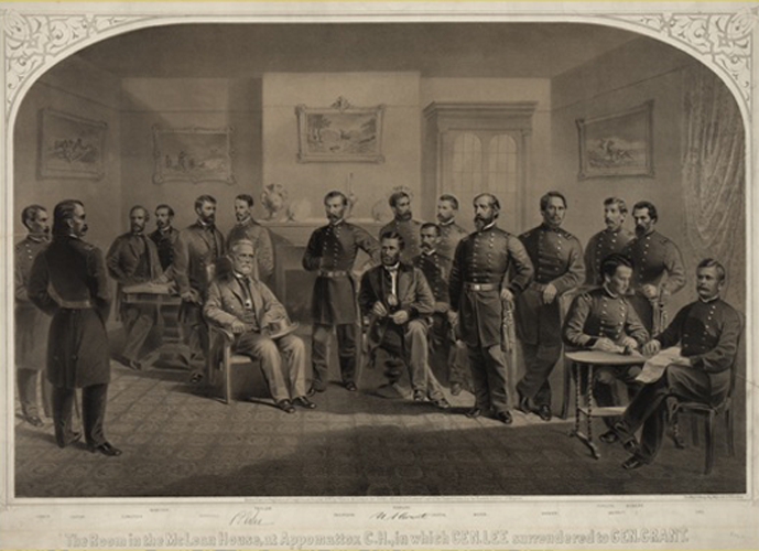 A lithograph showing the surrender of General Lee to General Grant at the Appomattox Courthouse.
