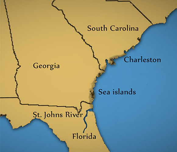 A partial map showing the locations of Land Grants of Sherman’s Special Field Order #15 along the coastal areas on South Carolina, Georgia, and parts of Florida.