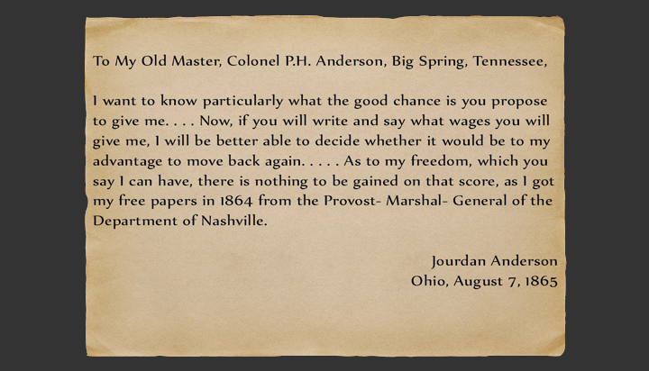 A letter from a former slave responding to his former master’s letter asking for clarification about the offering to come back.