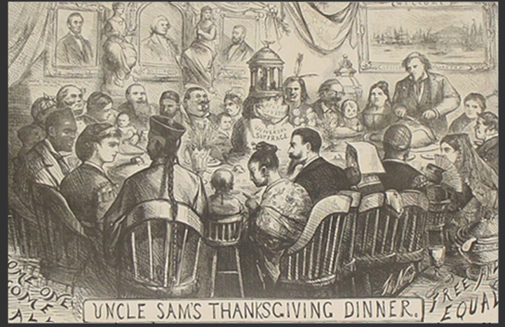 A newspaper cartoon by Thomas Nast celebrating reconstruction celebration with a racial mixed dinner party.