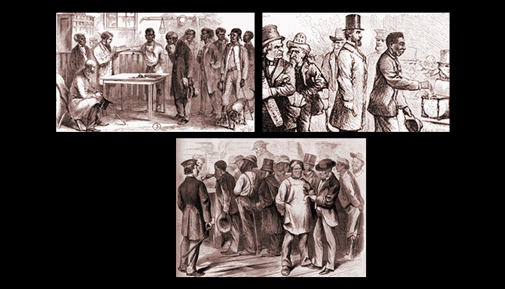 Three images of Union League activities supporting the black vote showing black men registering.