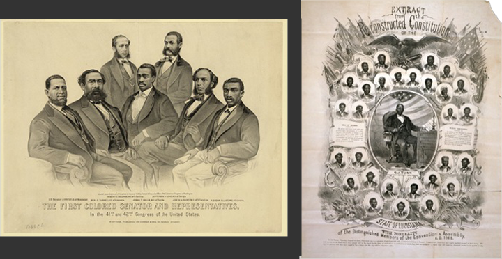 Two images of the first African American men elected to Congress and a poster showing the first assemblymen elected in Louisiana.