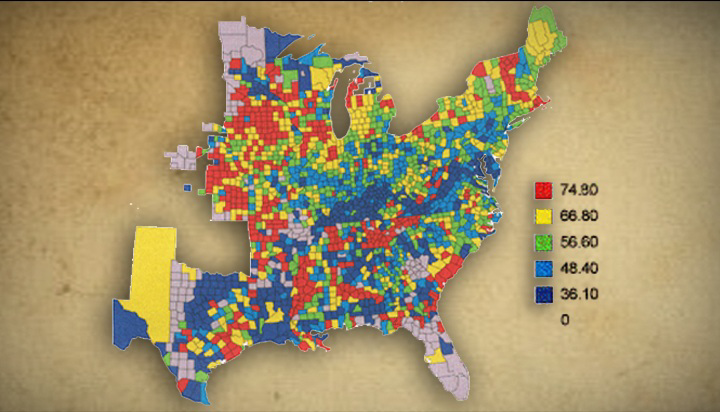 A map of the states in existence in 1868 and their vote for the Republican Party. Showing the voter support divided by counties.