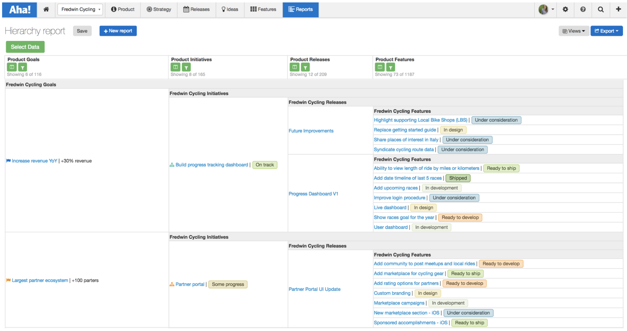 Features linked to strategic initiatives