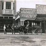 Mill Valley grocery store belonging to Louis Gerhardt & a partner. Louis is in the wagon. The building is located on Throckmorton Avenue. The store was later owned by the Canepa family.