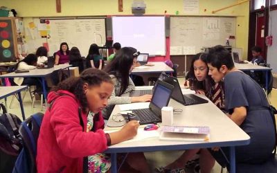 Photo of classroom with multiple groups of students working at tables with teachers