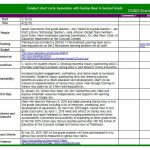 Example of short cycle innovation, showing a spreadsheet with details on timeline, people, training, budget, resources, incentives, sustainability, first steps, milestones and measures, success criteria, and evidence