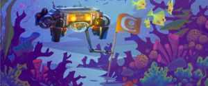 Underwater landscape with Caltech submersible and sea life