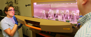 Maggie Higginbotham, a 10th-grade student at Blair High School in Pasadena, opens an incubator shaker to reveal cultures of bacteria used to produce gas vesicles for research.