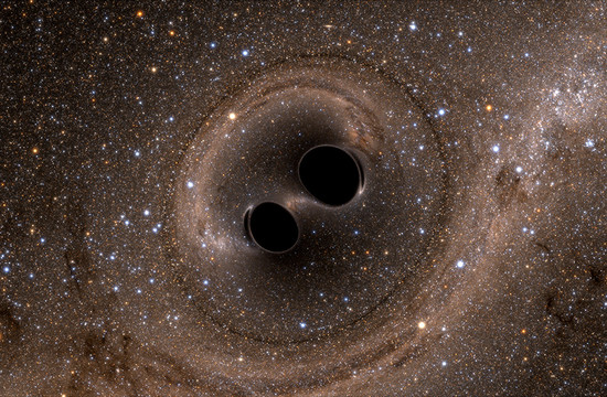 still from a computer simulation of two black holes merging