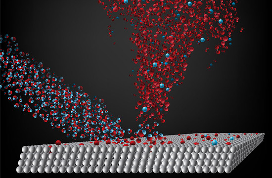 graphic showing water molecules fired at at oxidized silicon and iron surfaces
