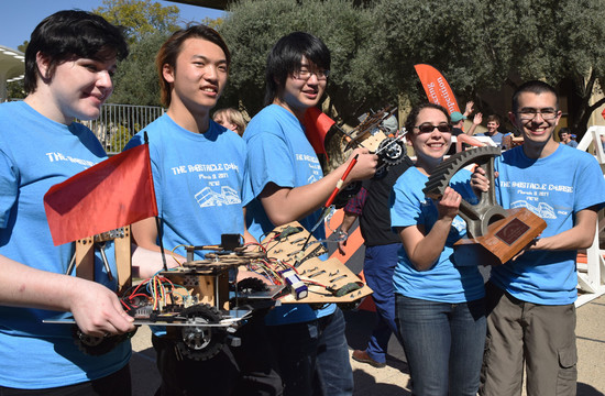 The V15TA team— (from left) Allison Penn, William Yu, Yunsang Choi, Mayra Melendez and Eduardo Plascencia —won first place by having its robots successfully navigate an obstacle course.