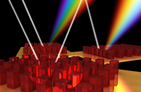 An artist's representation of how a metasurface composed of nanoposts disperses light.