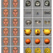 Images of mens faces, and images of clocks, teapots, and oranges.