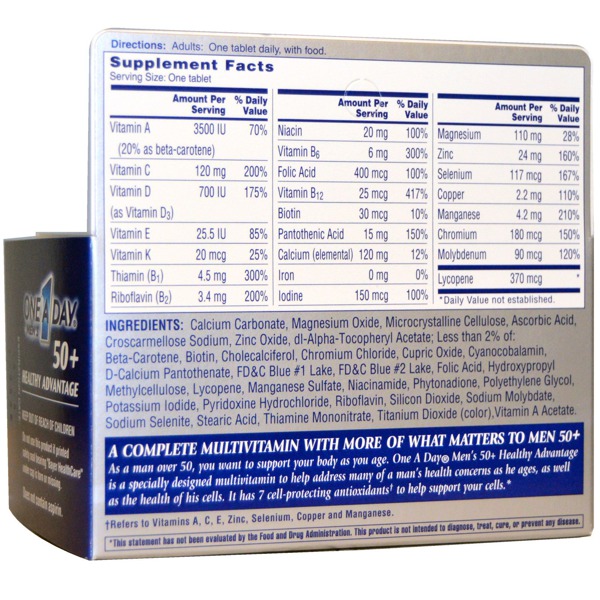 One A Day For Men Ingredients One-A-Day Men'S 50+ Healthy Advantage Multivitamin/Multimineral