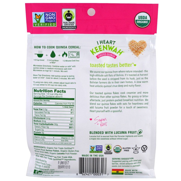 I Heart Keenwah Toasted Quinoa Organic Hot Cereal Quinoa Flakes Oats