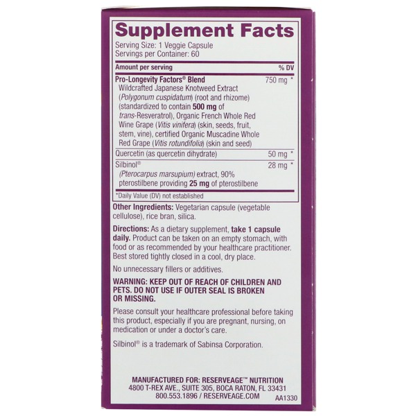 Reserveage Nutrition Resveratrol With Pterostilbene & Active Trans ...
