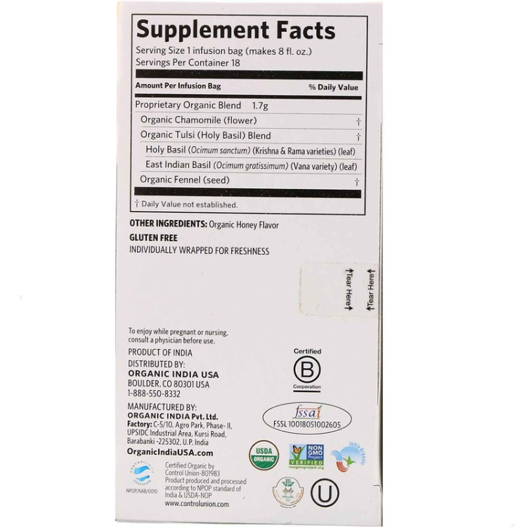 Organic India Tulsi Holy Basil Tea Honey Chamomile CaffeineFree 1Source