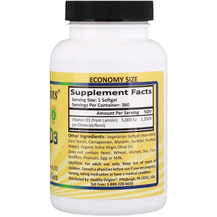 Healthy Origins Vegetarian Vitamin D3 5,000 IU 1Source