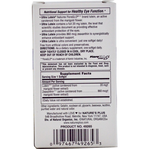 Nature'S Plus Ultra Lutein Maximum Strength 20 Mg 1Source