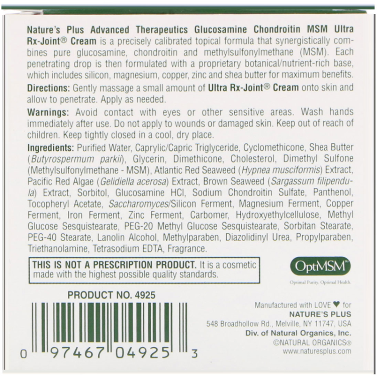 Nature'S Plus Advanced Therapeutics Glucosamine Chondroitin MSM Ultra RxJoint Cream 1Source