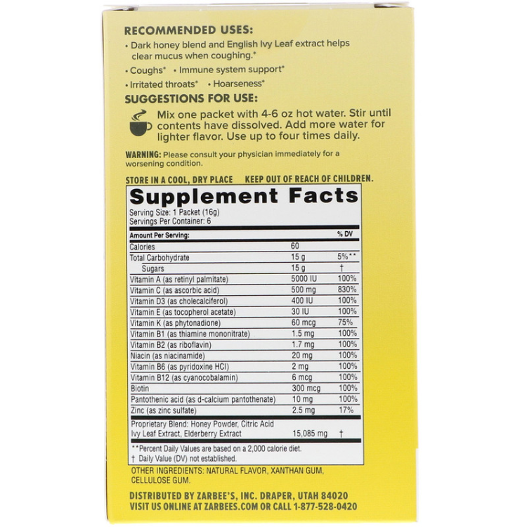 Zarbee'S Cough & Throat Relief + Mucus Daytime Drink Mix Natural Lemon