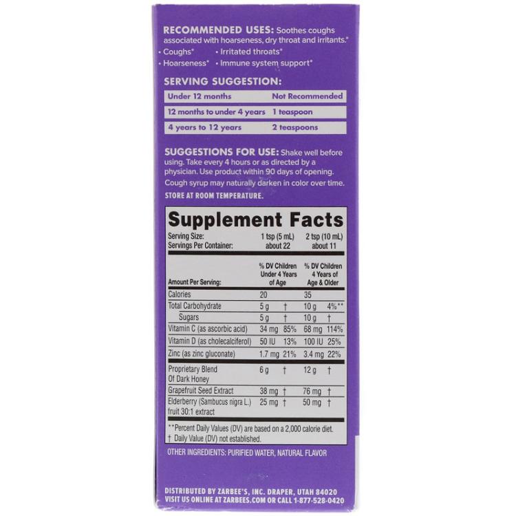 Zarbee'S Children'S Complete Cough Syrup + Immune With Dark Honey