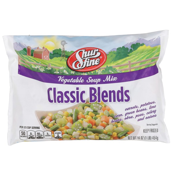Shurfine VEGETABLE SOUP MIX CARROTS POTATOES CORN GREEN BEANS LIMA BEANS OKRA PEAS CELERY AND