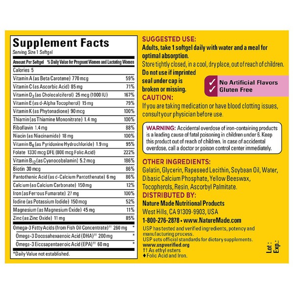 Nature Made Prenatal Multi + DHA Dietary Supplement Liquid Softgels 1Source