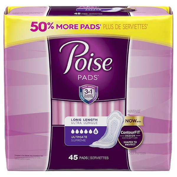Poise Incontinence Pads, Original Design, Ultimate Absorbency, Long Length Long Length 1Source