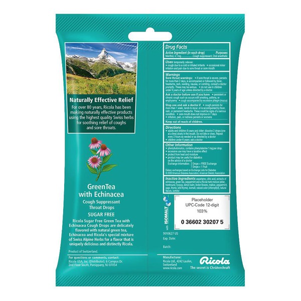 Ricola Cough Suppressant Throat Drops Sugar Free Green Tea With