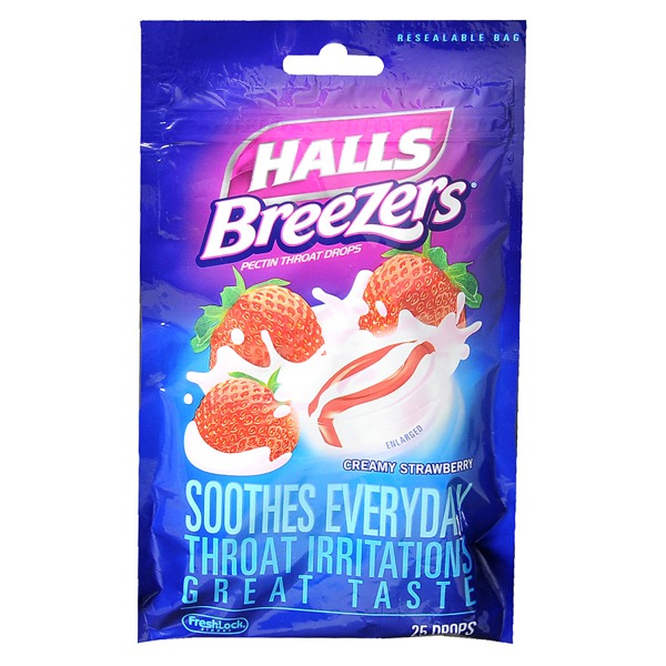 Halls Breezers Pectin Throat Drops Cool Creamy Strawberry 1Source