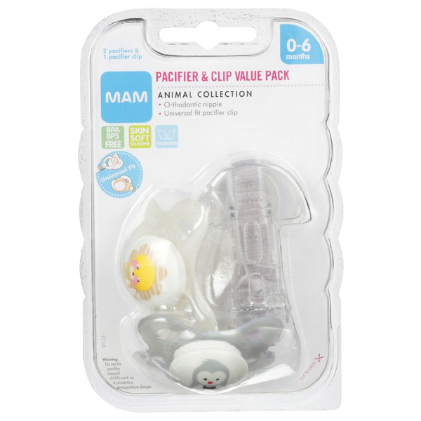 Mam Animals Orthodontic Pacifier And Clip, 06 Mos, 2 Pacifiers, 1 Pacifier Clip 1Source