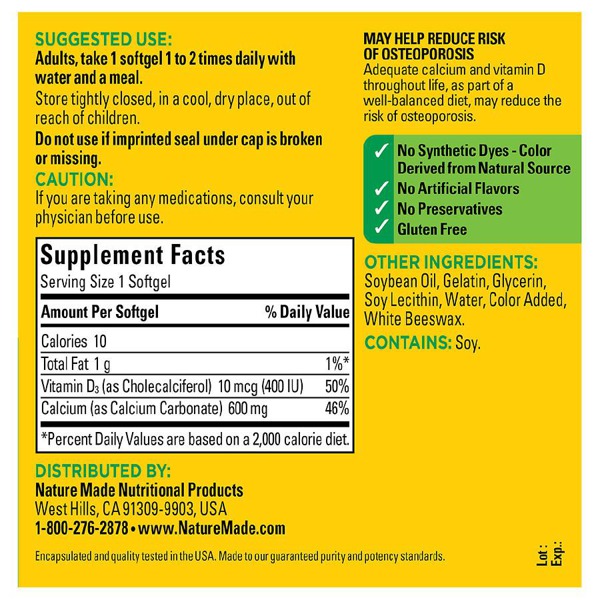 Nature Made Calcium 600 Mg Softgels With Vitamin D3 1Source