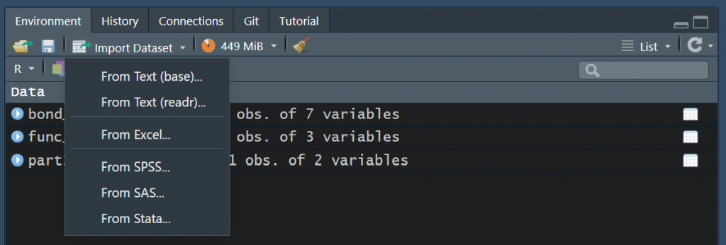 Screenshot of RStudio of dropdown under Import Dataset