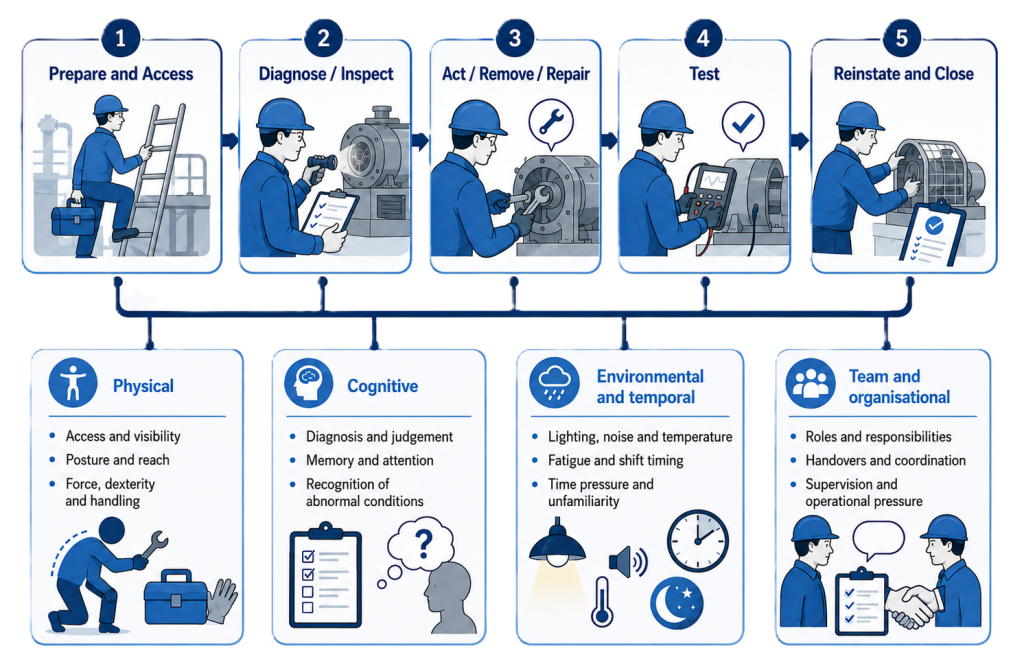 Reliability engineering process illustration showing preparation, diagnosis, action, test, and installation and checkout phases with factors influencing each step.
