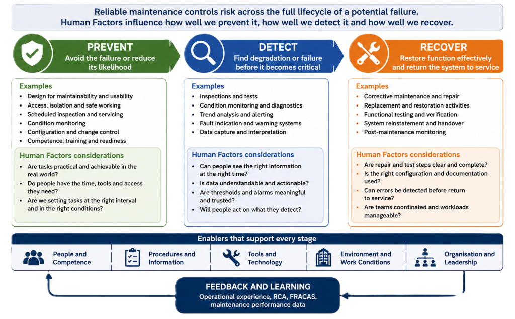 Reliability engineering infographic illustrating the role of human factors in failure prevention, detection, and recovery.