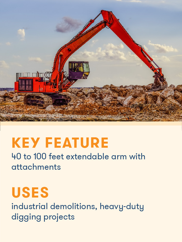 A long reach excavator uses its extendable arm for a heavy duty project.