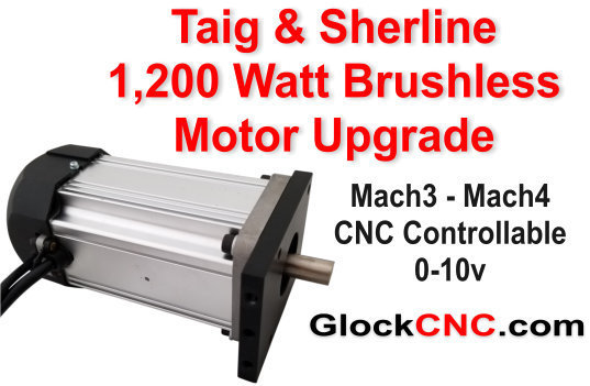 NEW! Looking for a Sherline or Taig motor upgrade? This is for you if you're looking for ultimate power. Our typical customers for the 1,200 Watt are commercial and high end hobbyist. Like our other brushless motor, it produces high torque at any RPM. This is because the brushless driver will feed any needed power to maintain RPM. This is a great Industrial Continuous Duty Brushless Motor for your lathe or mill. The motor RPM is 5,400. Of course, your final spindle RPM will depend upon your pulley ratio.  What you get:  1,200 Watt High Torque Brushless Continuous Duty Motor (fan cooled) Mach3 - Mach4 controllable through 0-10v input About the same weight as stock motor, but with much more power No modifications needed for Sherline or Taig to mount (or course, it mounts directly to our Heavy Duty Headstocks as well). Brushless controller with 5 digit motor tachometer showing motor speed Remote wired controller Motor RPM 5,400 Motor is reversible through the controller 110v or 220 volt Kit includes: Brushless Motor + Controller, Mounts & Cabling OPTIONS.... The pictured pulley with belt is optional because some like to use their own pulley. Shaft is 14mm with 5mm key The optional control box features; Speed Control Knob, Direction, Engage, & Brake switches Note: All of our motor upgrade kits are custom made and take approximately 2 weeks to ship. We offer returns on defective parts 90 days or you may upgrade to a larger motor if returned un-used within 14 days.  (Headstocks in any pictures is sold separately and not included)